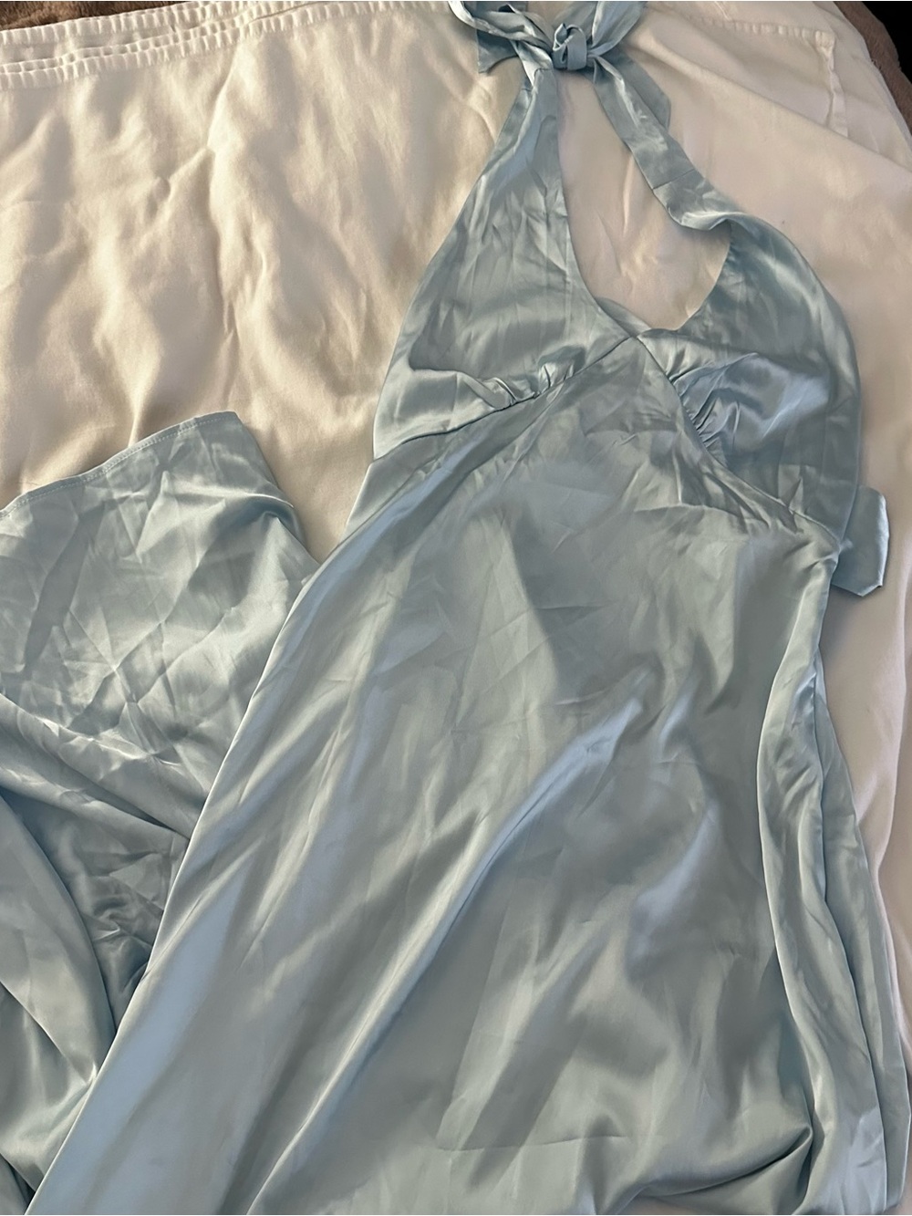 Light Blue “Silk” Halter Maxi Dress